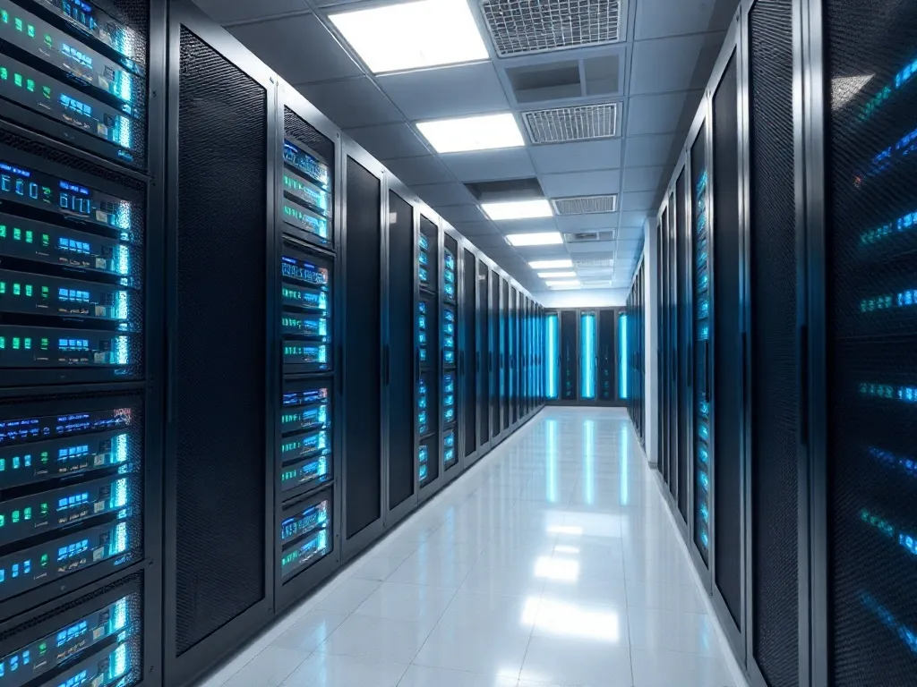 A high-tech server room with glowing blue lights on server r