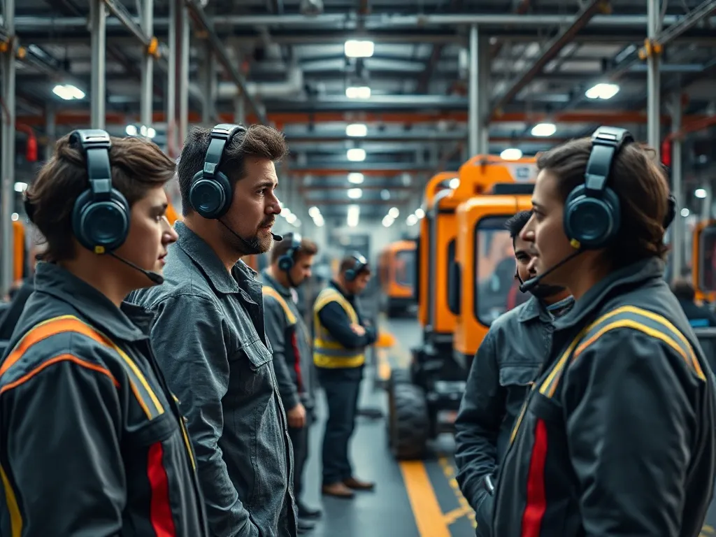 Industrial factory floor with workers wearing high-tech head
