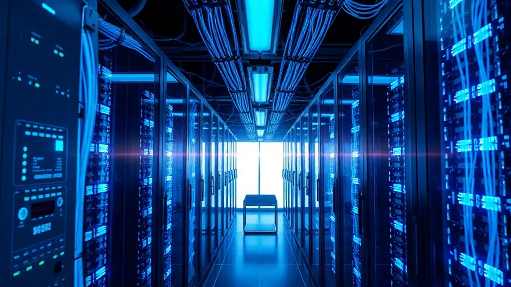 High-tech server room with blue LED lights and fiber optic c