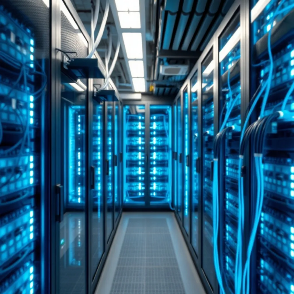 A high-tech server room with glowing blue cables and sleek m