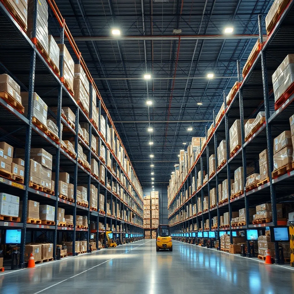 Large modern warehouse with automated shelving and digital d