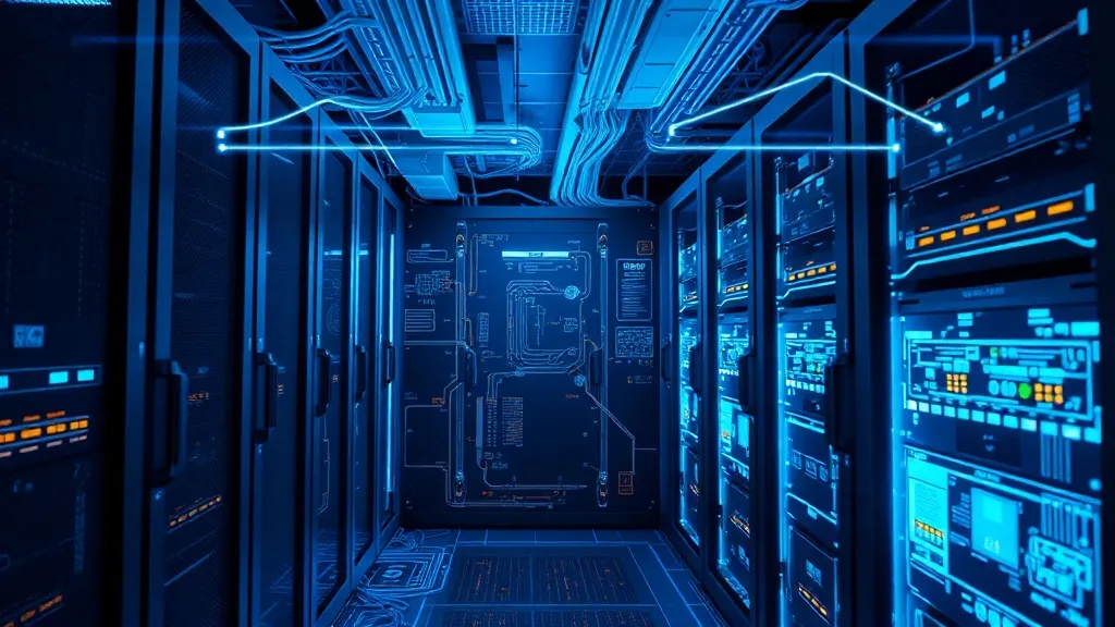 Technical blueprint of a high-tech server room with glowing